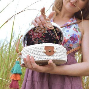 Handwoven Round Rattan Bag Shoulder Leather Straps